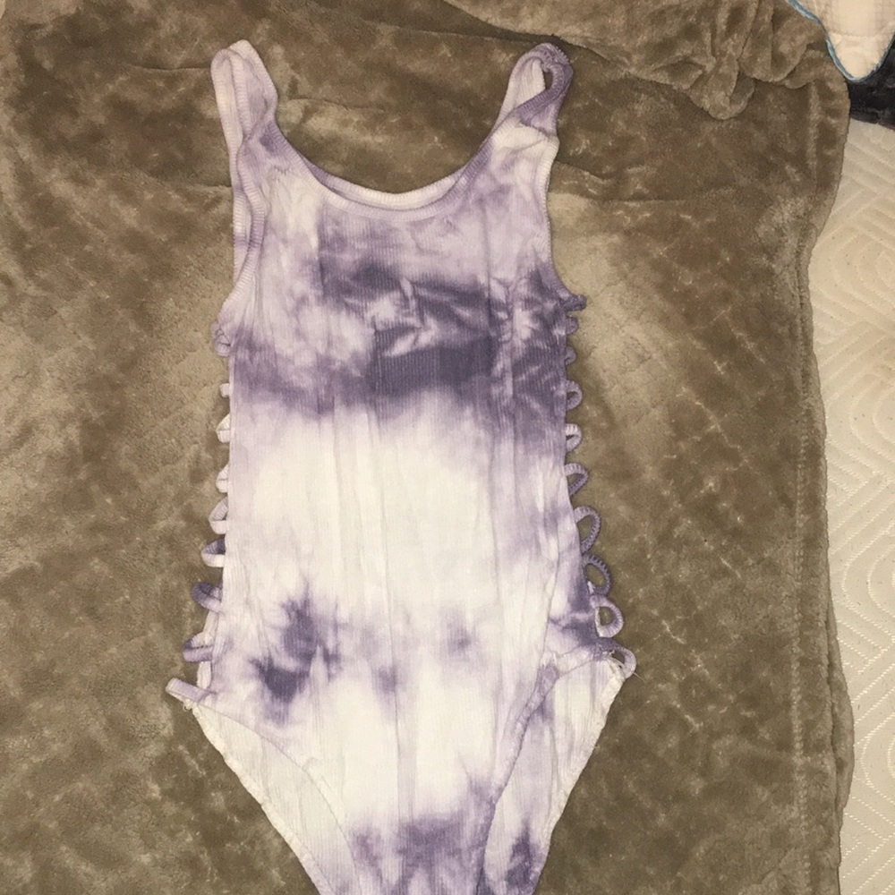 White and purple tie die bodysuit